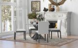 TREXM 5-Piece Farmhouse Style Dining Table Set, Marble Sticker and Cross Bracket Pedestal Dining Table, and 4 Upholstered Chairs (White+Gray)