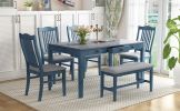 TOPMAX Mid-Century 6-Piece Wood Dining Table Set, Kitchen Table Set with Drawer, Upholstered Chairs and Bench, Antique Blue