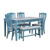 TOPMAX Mid-Century 6-Piece Wood Dining Table Set, Kitchen Table Set with Drawer, Upholstered Chairs and Bench, Antique Blue