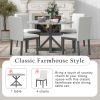 TREXM 5-Piece Farmhouse Style Dining Table Set, Marble Sticker and Cross Bracket Pedestal Dining Table, and 4 Upholstered Chairs (White+Gray)