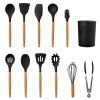 11Pcs Silicone Cooking Utensil Set Heat Resist Wooden Handle Silicone Spatula Turner Ladle Spaghetti Server Tongs